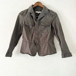 Utility Jacket Gray Ruffle Button Up Feminine Office Size 2 Anne Taylor Loft